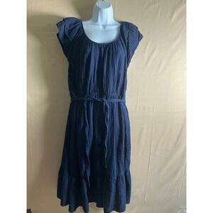 Gap Navy Blue Crinkle Gauze Tiered Midi Dress XL Flutter Sleeve Tie Waist